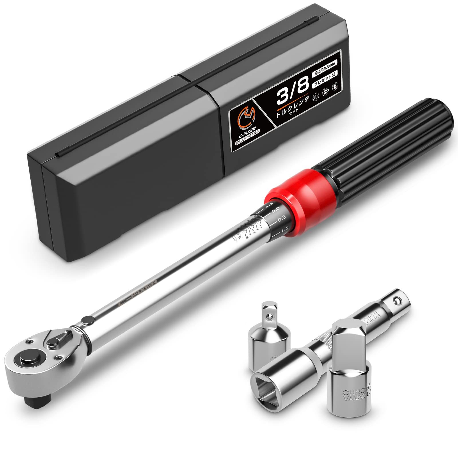 トルクレンチ プレセット型 タイヤ交換 車 バイク修理レンチ 差込角9.5mm(3/8インチ) 10-60N・m ソケットレンチ 1/4変換ソケット 1/2変換ソケット 3/8インチエクステンションバー付き★m ad1a609b