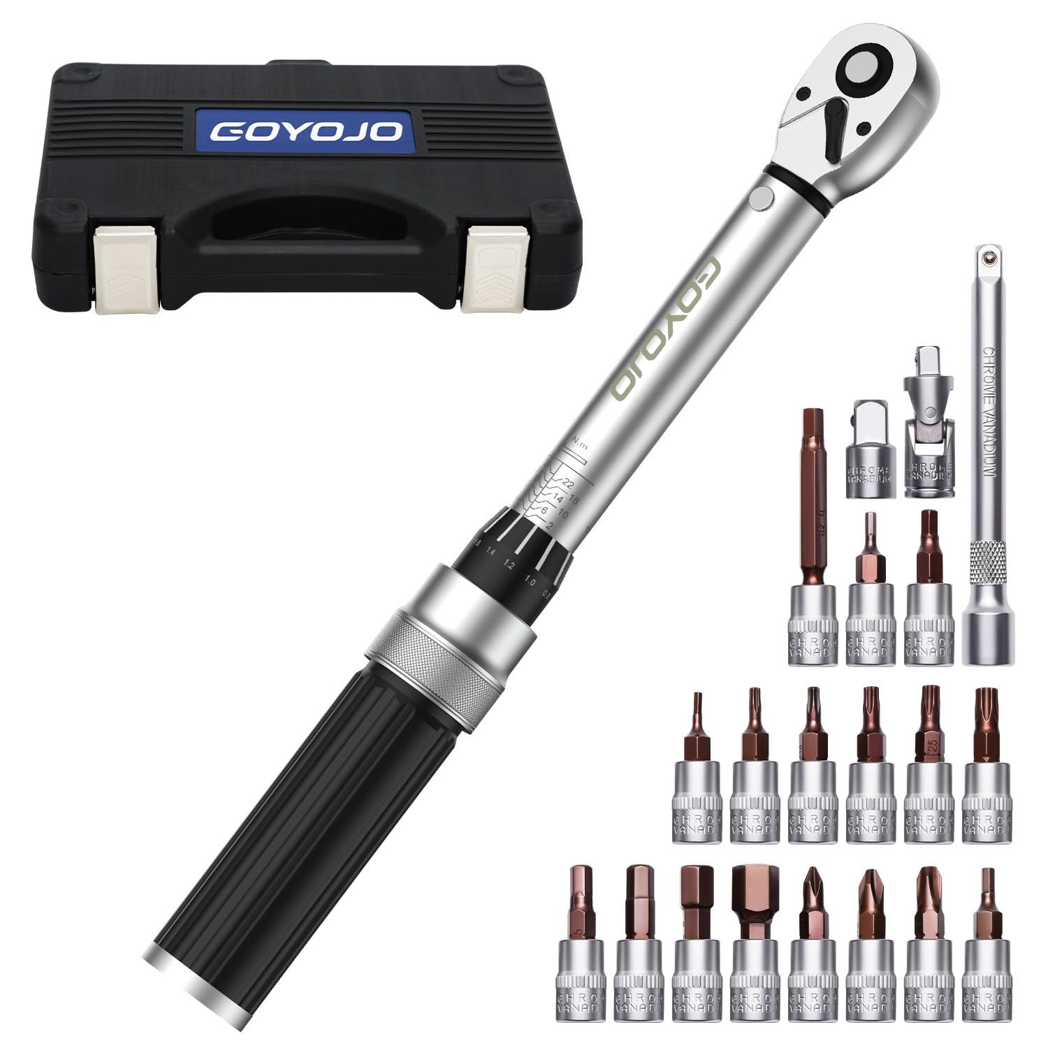 GOYOJO トルクレンチ プレセット型 21点セット 差込角(1/4インチ) 2-24N.m 両回転対応 トルク精度 ±3% 自動車用、自電車、オートバイ、機械の整備 作業工具 （ 2-24N.m 21点 ）★m c8e4d4a0