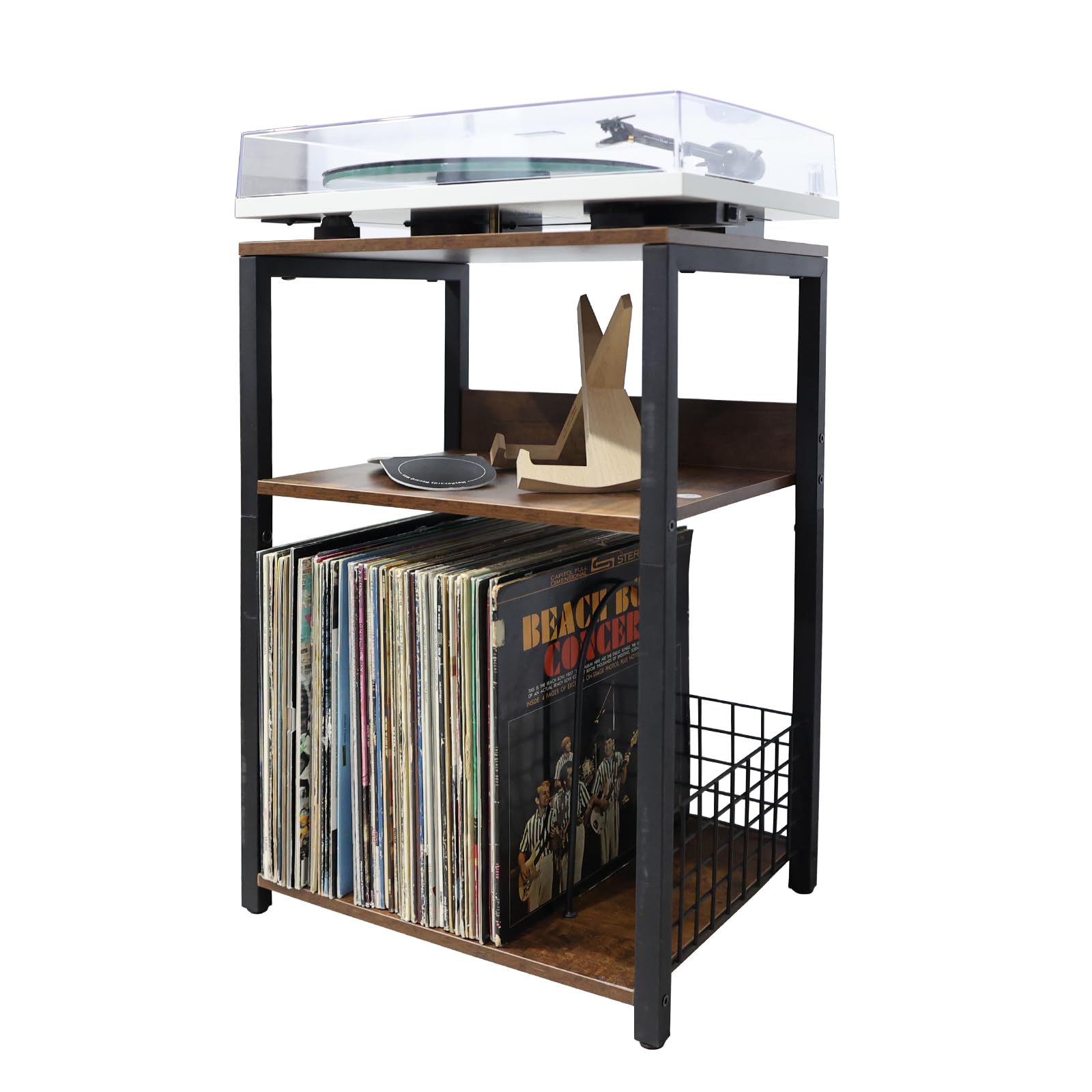 レコードプレーヤースタンド レコードラック レコードプレーヤーテーブル レコード棚 3段 レコード 収納 レコードプレーヤー record player 60?70枚 メタル脚付きas 5534babb