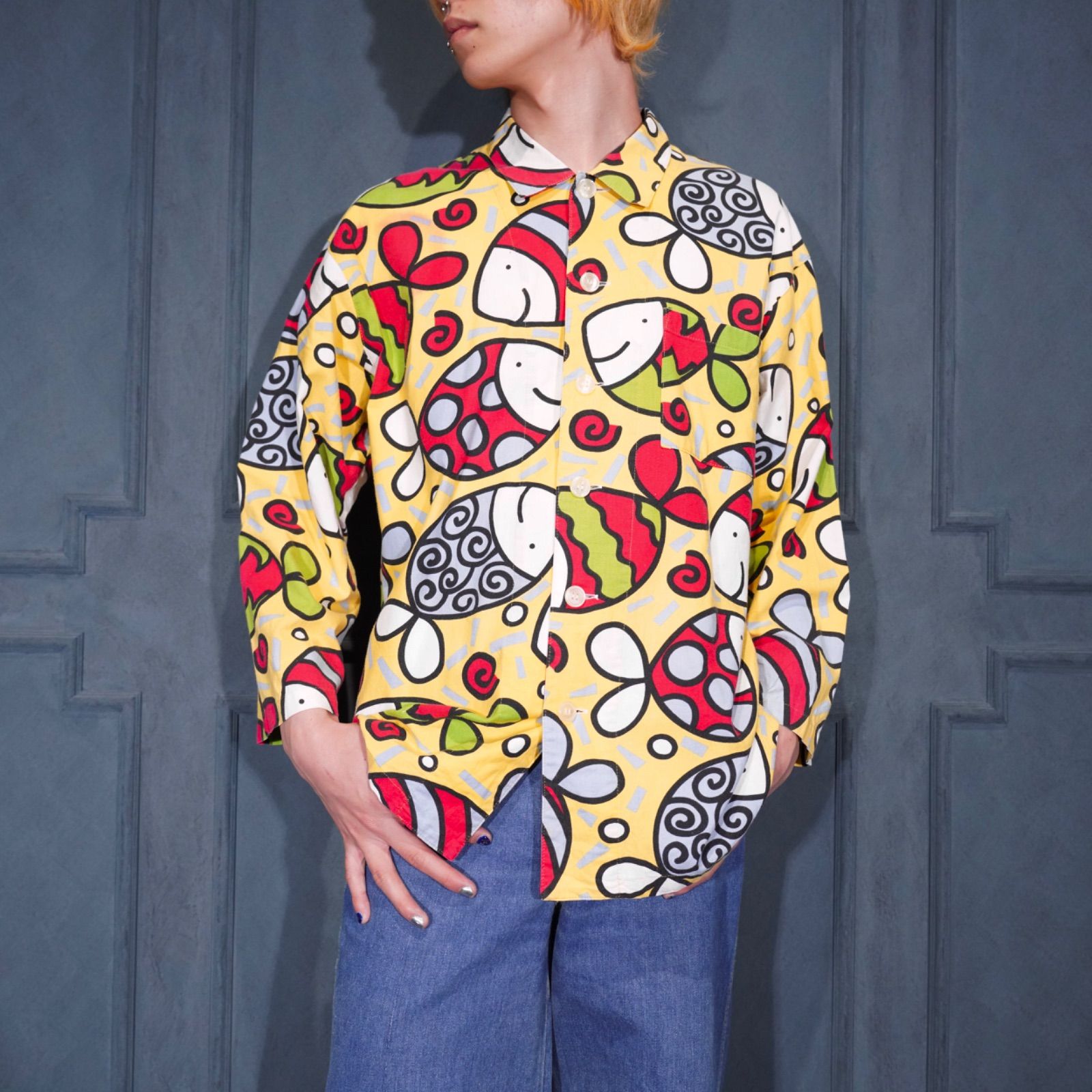 70's USA VINTAGE FISH PATTERNED DESIGN OPEN COLLAR SHIRT/70年代アメリカ古着お魚柄デザインオープンカラーシャツ