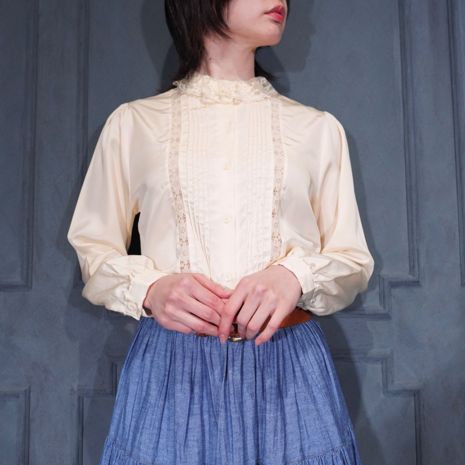 70’s USA VINTAGE Suki LACE TUCK DESIGN BLOUSE/70年代アメリカ古着レースタックデザインブラウス 7,762円