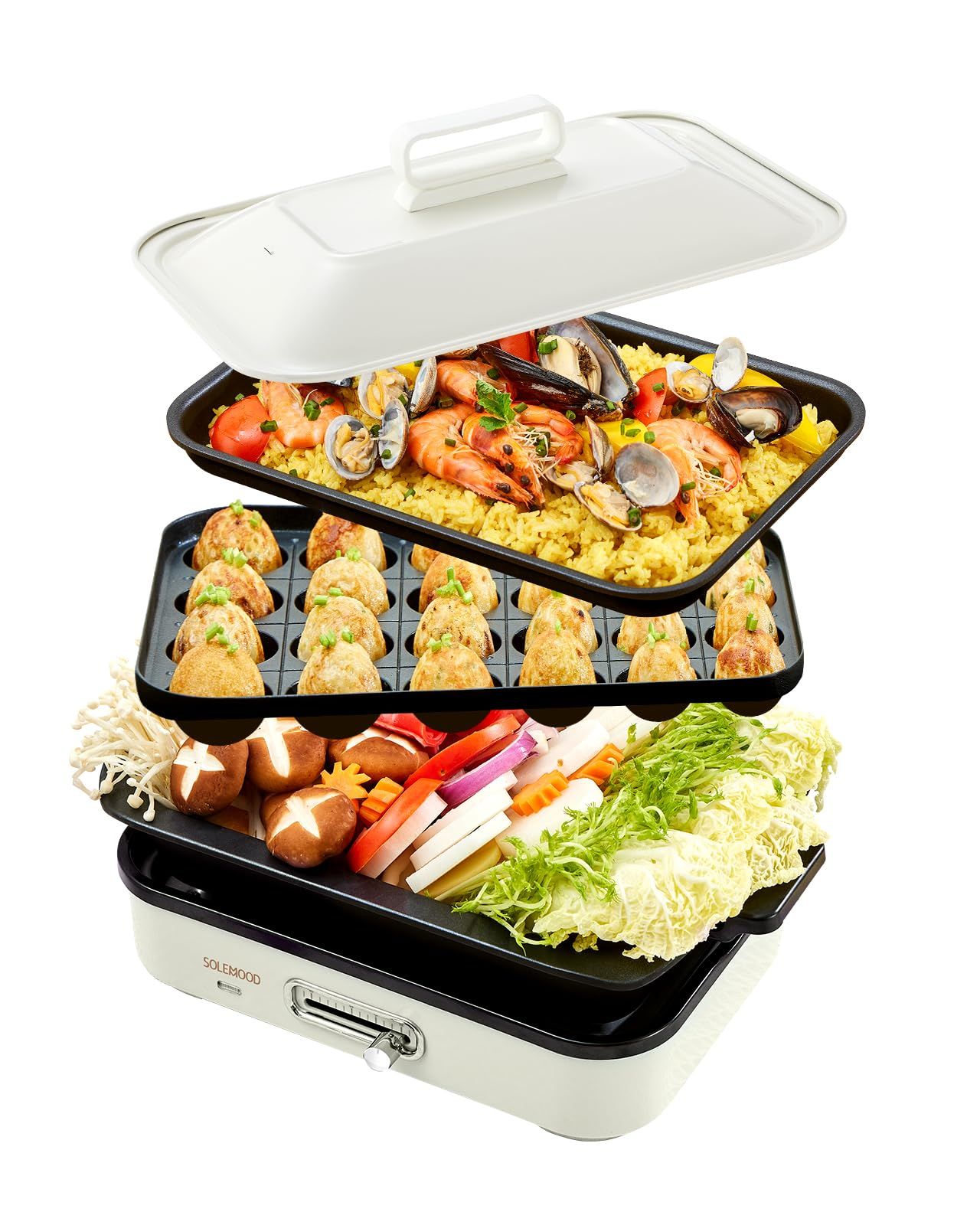 SOLEMOOD ホットプレート おしゃれ? たこ焼き 焼肉 パエリア アヒージョ お手入れ簡単 洗いやすい 温度調節機能 プレート種類組み合わせて選択可能 一人暮らし 2人 3人用にも (ホワイト, プレート3種(平面・たこ焼き・鍋))★m 2519bcd6