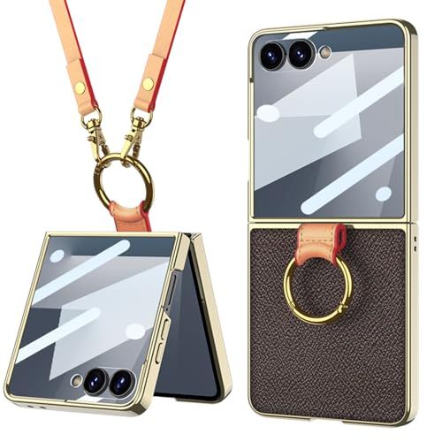 Galaxy Z Flip7 ケース サブ画面保護フィルム付き Samsung ギャラクシーzフリップ7 / SC-55F / SCG35 用 カバー ストラップ付き 高級PUレザー×電気メッキフレーム Uovon スマホケース 軽量 薄型 全面保護 耐衝撃t