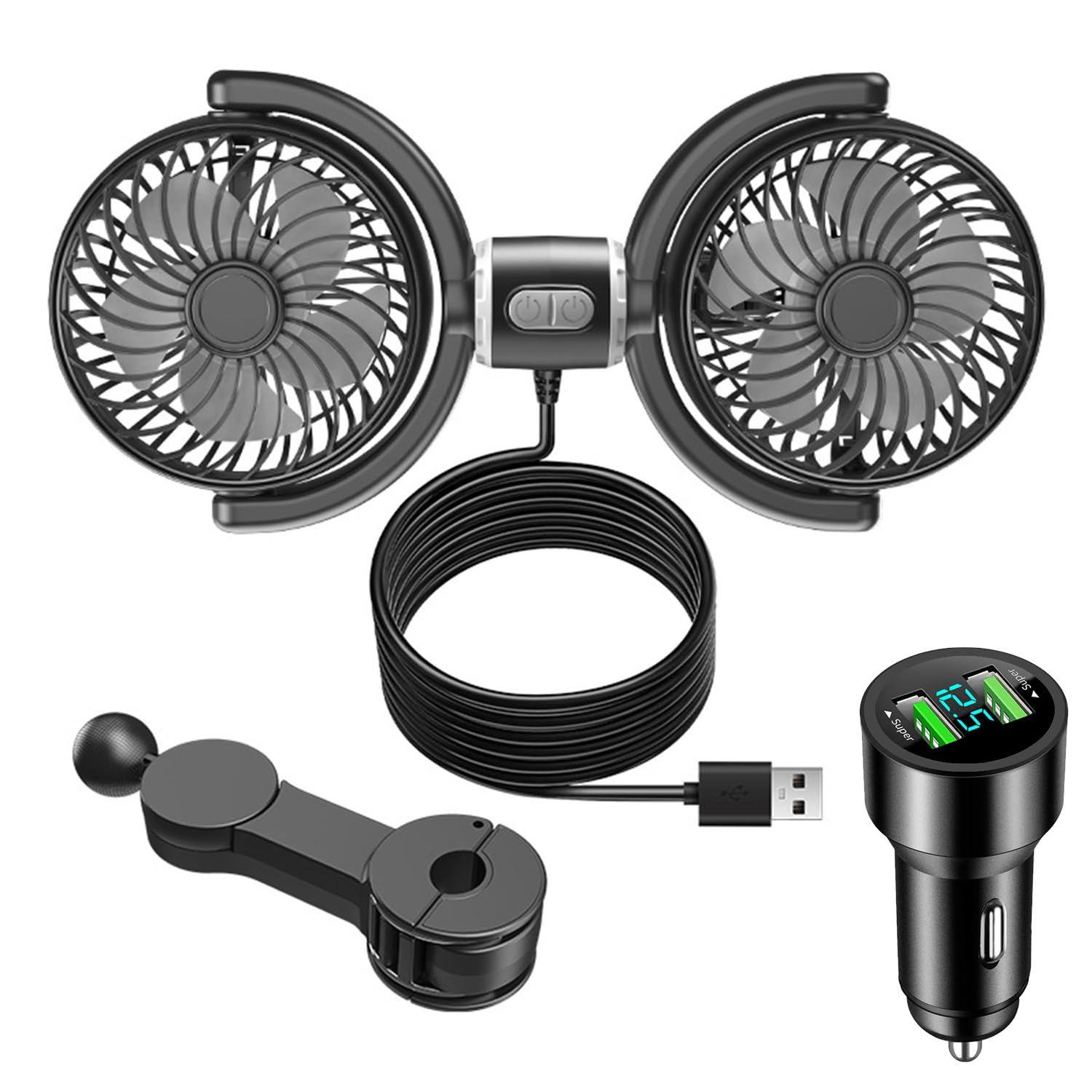 [JIEAIRUI] 車載扇風機 車載ファン 2026新登場 シガーソケット/USB 両用 3段階風量 360°回転 長配線 扇風機 車 ヘッドレストファン 双頭タイプ 静音性アップ 取付簡単 父の日ギフト ドライブ 通勤 日本語説明書付きa 84906e23