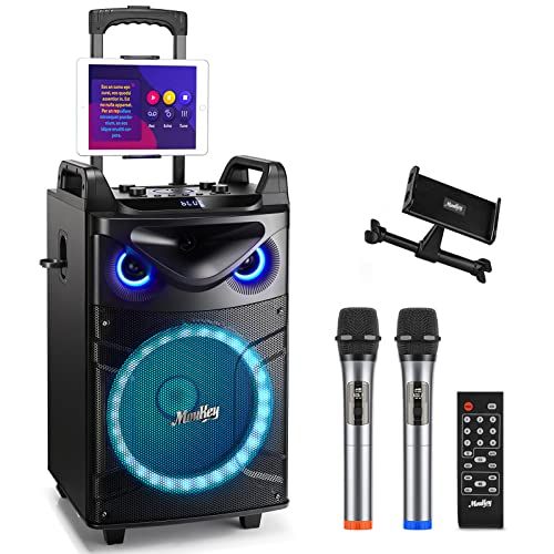 Moukey ワイヤレスマイク スピーカーセット PAセット 出力200W カラオケセット PAセット 12インチサブウーファー Bluetooth対応 充電式 VHFマイク 録音MP3/USB/TF/FM放送 8-20使用時間 (12インチ 4930ede7