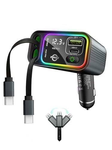 145W シガーソケット 車 充電器 タイプc 4 in 1 カーチャージャー 【4台同時に65Wの急速充電】 巻き取りType-C 2本 USB 2ポートビエントライト付き、 iPhone 17 Pro/iPhone 17/16 Pro/i d3e5309b