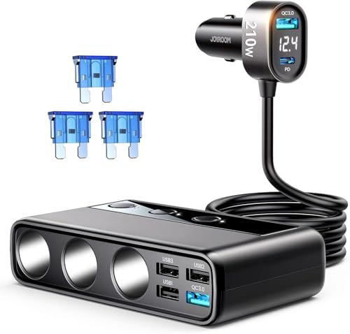 JOYROOM 210W 9 in 1 シガレットライタースプリッター シガーソケット 増設 3連 【PD 36W&QC 3.0 * 2 急速充電対応・ケーブル長さ1m】12V/24V カーチャージャー 独立スイッチ搭載 電圧計付きiPhon 873dfcc6