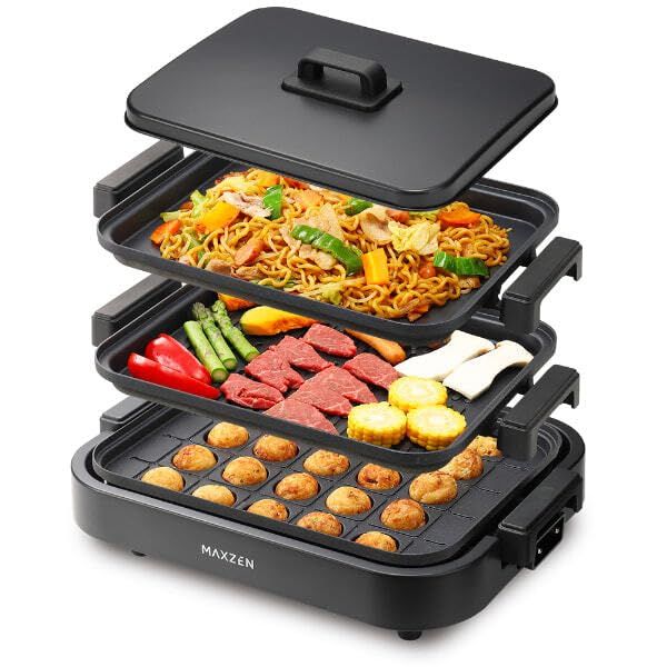 MAXZEN ホットプレート 鍋 焼肉 たこ焼き 温度調整 プレート グリル鍋 たこ焼き器 お好み焼き 3枚 一人用 家族 減煙 丸洗い 電気プレート コンパクト ヒーター式 卓上 フタ付き 黒 MHP120MT301-BK マクスゼン★m bdd2b7e5