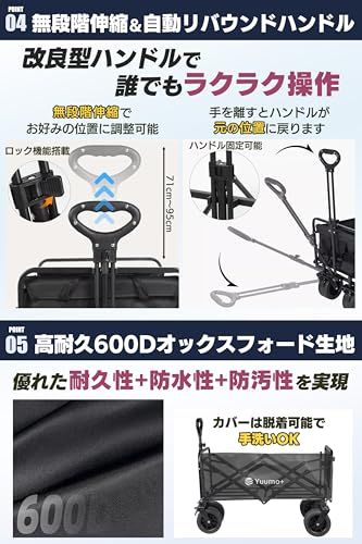 Yuumo+ キャリーワゴン 【大容量280L|耐荷重250kg】 アウトドア キャンプ ワゴン 長物対応 リアゲート 極太17cmタイヤ ワンタッチ折りたたみ式 スリム収納 600D生地 ボトルポケット付き キャンプ・BBQ・釣り・レジャー 69d11daa