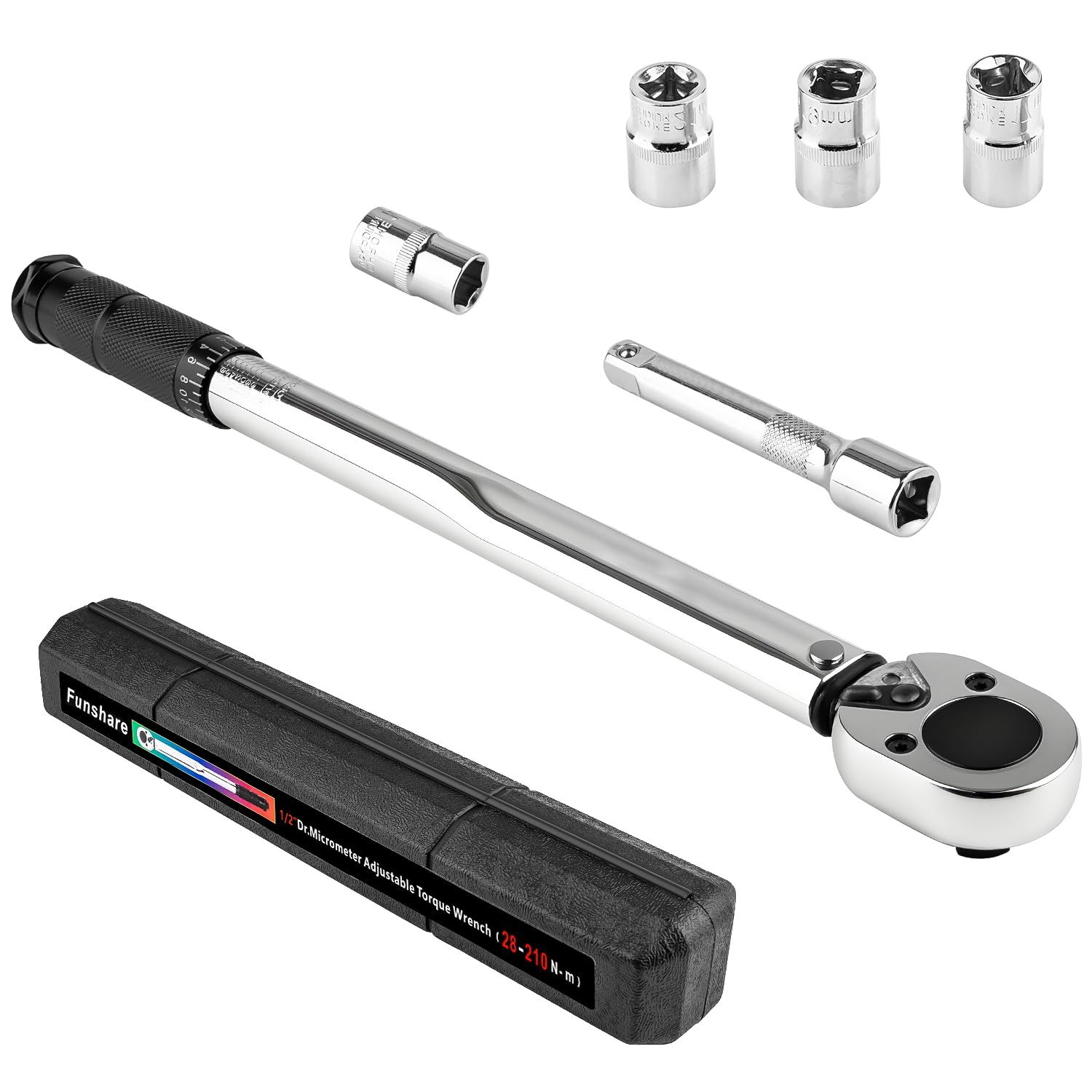 トルクレンチ プリセット型 車用 タイヤ交換 とるくレンチセット 14/17/19/21mm ソケット付き 差込角12.7mm(1/2インチ) 28-210N・m レンジ ラチェットとエクステンションバー付き Funshare 国内発送 0c240109