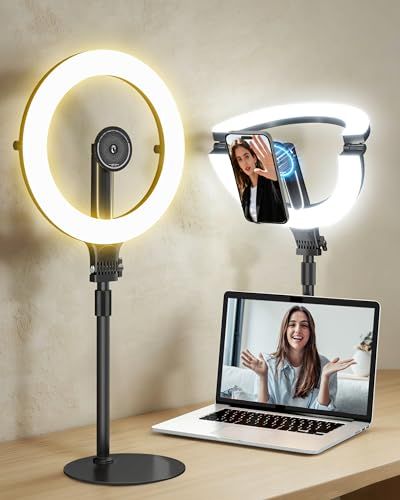 【マグネット式・充電式】 NiceVeedi LEDリングライト 卓上 撮影照明 補光ライト 折りたたみ式 10インチ 3色モード 3000K～6500K 10段階調光 高さ調整 マグネット式スマホホルダー メタルリング付き Web会議・オン 93ba617f