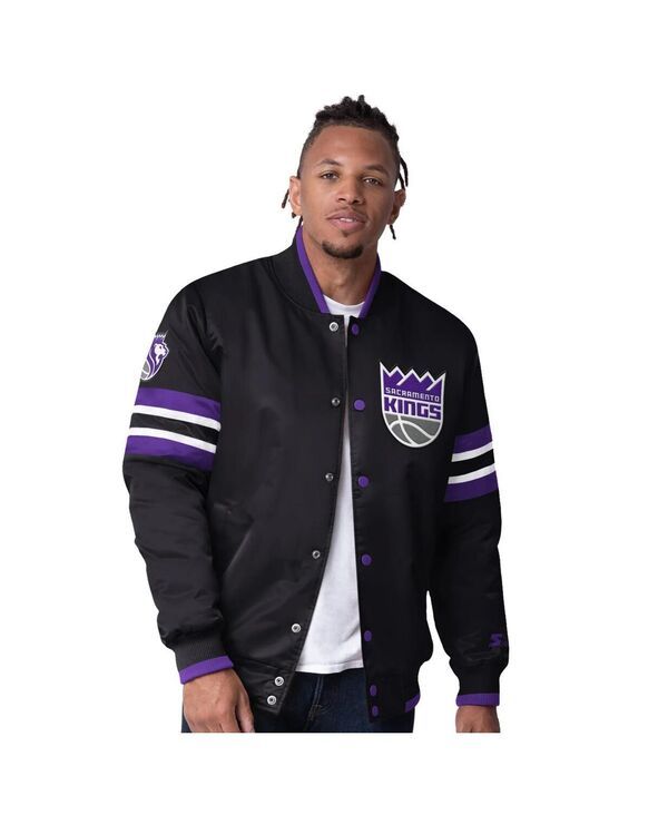 スターター メンズ アウター ジャケット・ブルゾン サテン ジャケット Starter Mens Black Sacramento Kings Scout Varsity Satin FullSnap Jacket Black ブラック