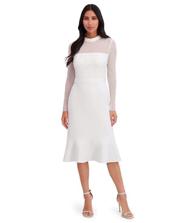 ロンドンタイムス レディース トップス ワンピース ミディ 長袖 London Times Womens LongSleeve Illusion Midi Dress Natural white ホワイト