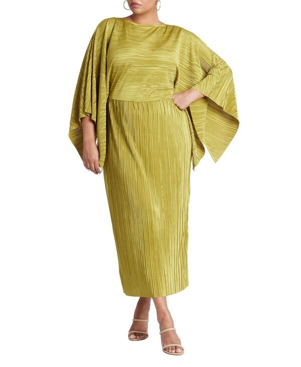 エロクイ レディース トップス ワンピース ケープデザイン プラスサイズ キャップ ケープ ELOQUII Womens Plus Size Cape Effect Plisse Dress Avocado oil