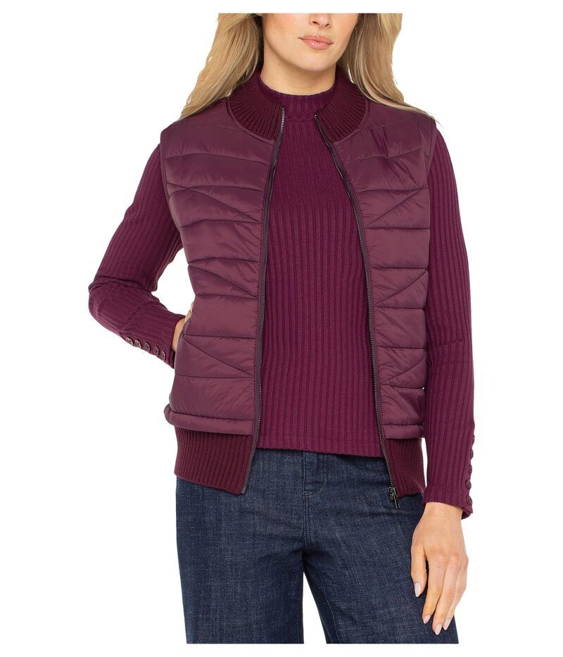 リヴァプール ロサンゼルス レディース アウター コート キルティング ベスト セーター ノースリーブ Liverpool Los Angeles Sleeveless Quilted Front Full Zip Sweater Vest Wine Berr