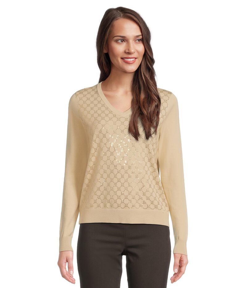 エリオットローレン レディース アウター ニット・セーター Vネック Elliott Lauren Pop Top Long Sleeve VNeck Sweater with Crystals detail Almond