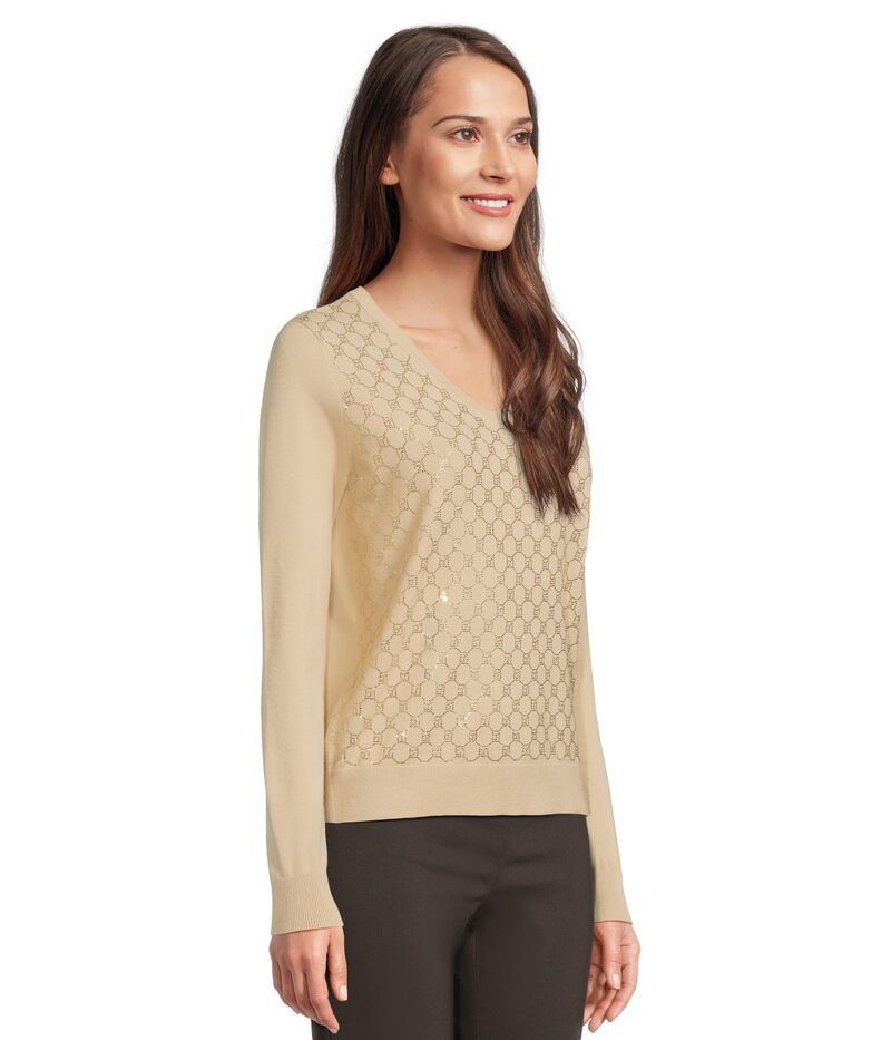 エリオットローレン レディース アウター ニット・セーター Vネック Elliott Lauren Pop Top Long Sleeve VNeck Sweater with Crystals detail Almond