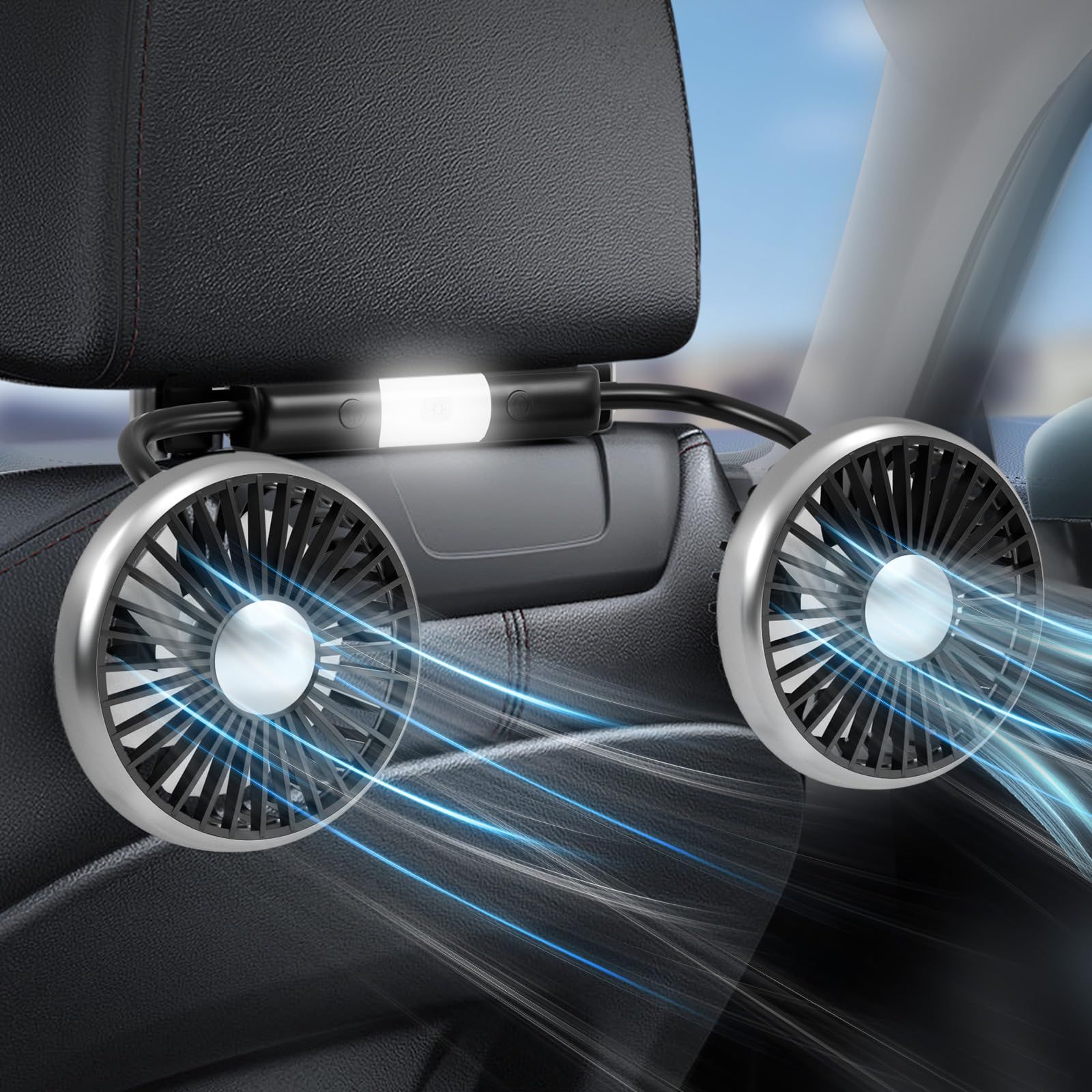 Dealswin 車 扇風機 車用電動ファン 車用扇風機 双頭車載ファン 電動ファン低騒音 後部座席用 ライト付き 3段階風量 低騒音 360°角度調整可能 車中泊対策 カーファン 車せんぷうき 取付簡単 長配線 USB給電 熱中症対策 配線 de6da9d5 5,040円