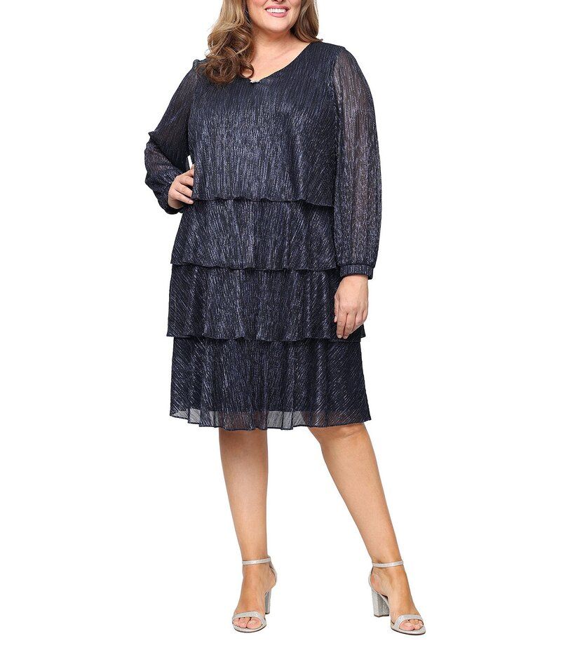イグナイト レディース トップス ワンピース ティアード プラスサイズ トール スカート Ignite Evenings Plus Size Bodre Metallic 34 Bubble Sleeve Tiered Skirt Dress Navy ネイビ