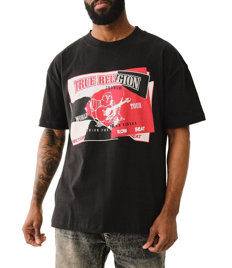 トゥルーレリジョン メンズ トップス シャツ Tシャツ グラフィック True Religion Torn Short Sleeve Graphic TShirt Jet Black ブラック