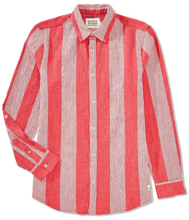 スコッチアンドソーダ メンズ トップス シャツ Scotch Soda Crinkled Stripe Long Sleeve Woven Shirt Roadside Red Stripe レッド