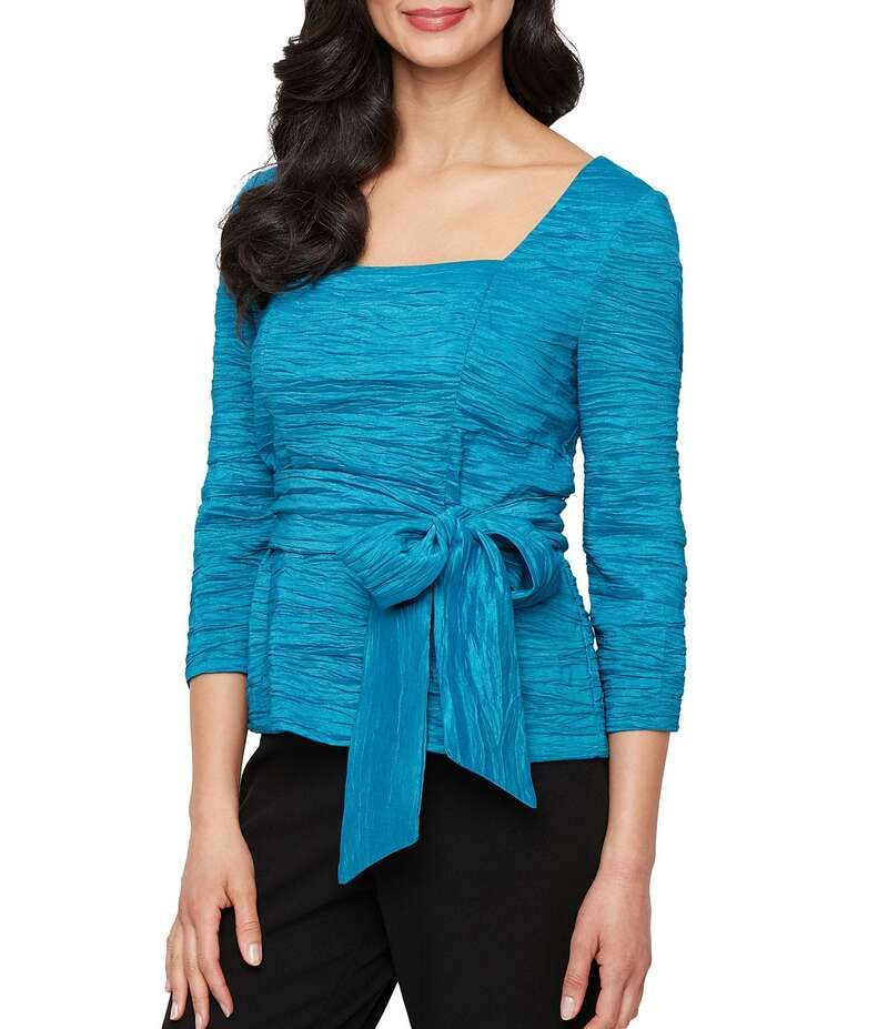 アレックスイブニングス レディース トップス ワンピース プチ ブラウス Alex Evenings Petite Size 34 Sleeve Crinkle Stretch Taffeta Blouse Aqua アクア