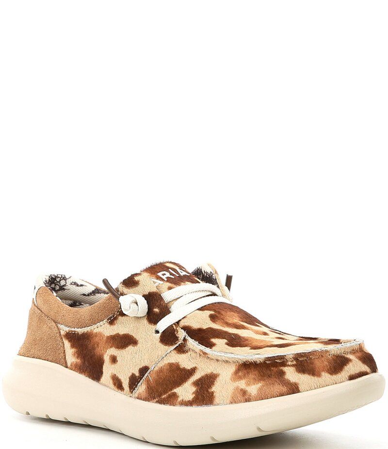 アリアト レディース ボトムス カジュアルパンツ プリント スニーカー Ariat Womens Hilo Haircalf Cow Print Slip On Sneakers TanWhite Brindle ホワイト