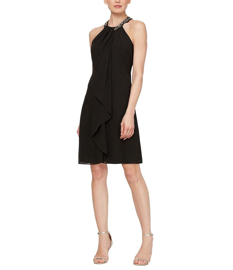 イグナイト レディース トップス ワンピース シフォン プチ フリル ノースリーブ ホルター Ignite Evenings Petite Size Beaded Halter Neck Sleeveless Cascade Front Ruffle Chif