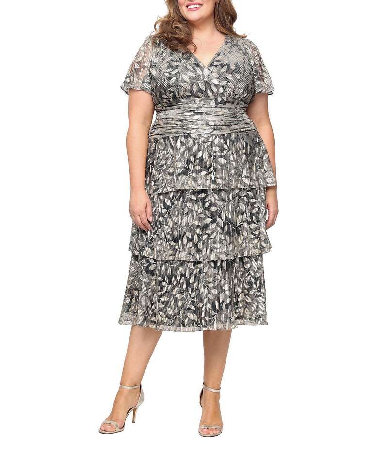 イグナイト レディース トップス ワンピース ティアード ミディワンピース プリント ミディ トール Ignite Evenings Bodre Flutter Sleeve Metallic Print Tiered Midi Dress Black Gol