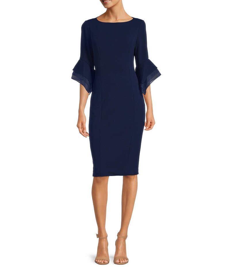 アドリアナ パペル レディース トップス ワンピース クレープ Adrianna Papell Stretch Crepe 34 Bell Sleeve Boat Neck Sheath Dress Navy Satin ネイビー