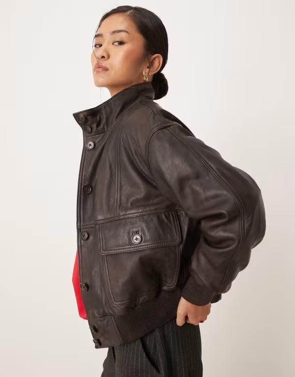 マンゴ レディース アウター ジャケット・ブルゾン ハイネック レザー Mango 100 leather high neck jacket in chocolate チョコレート
