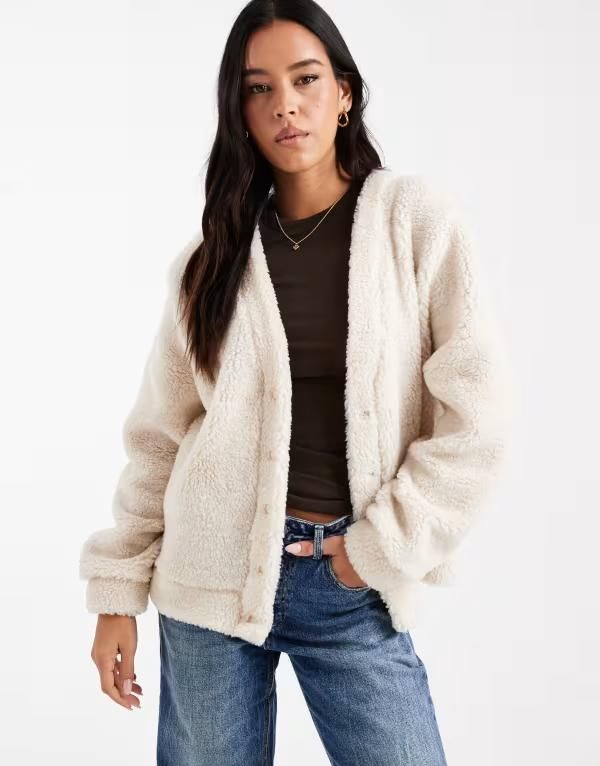 エイソス レディース アウター カーディガン フリース ASOS DESIGN longline teddy fleece oversized cardigan in cream CREAM クリーム