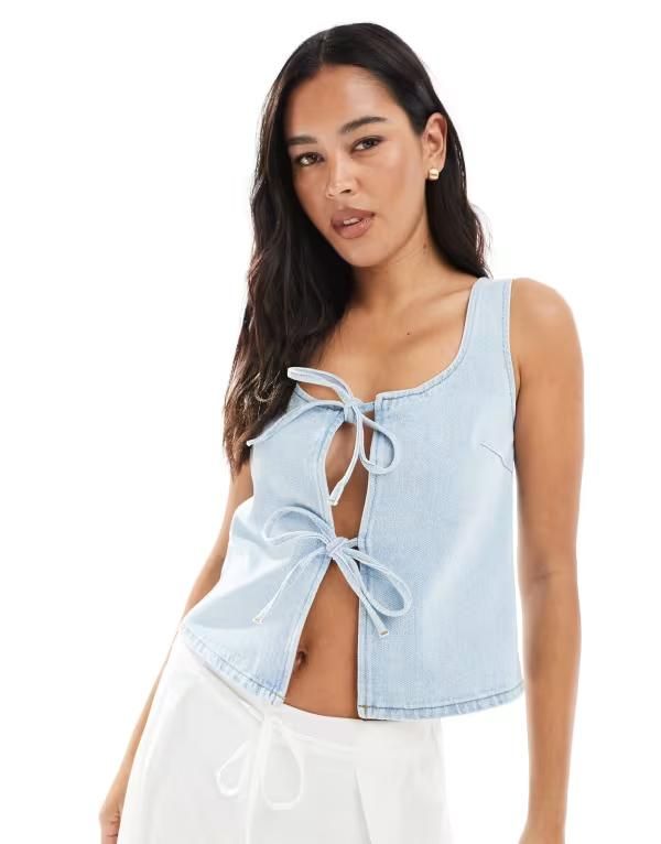 エイソス レディース トップス Tシャツ デニム ASOS DESIGN tie front denim top with square neck in bleach Bleach デニム