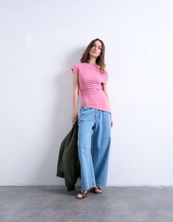 トップショップ レディース トップス Tシャツ アシンメトリー Topshop asymmetric one shoulder top PINK ピンク