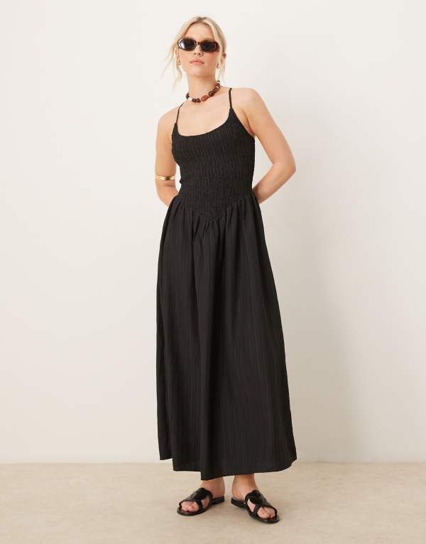 エイソス レディース トップス ワンピース マキシワンピース マキシ ASOS DESIGN scoop neck crinkle maxi dress with cross back Black ブラック