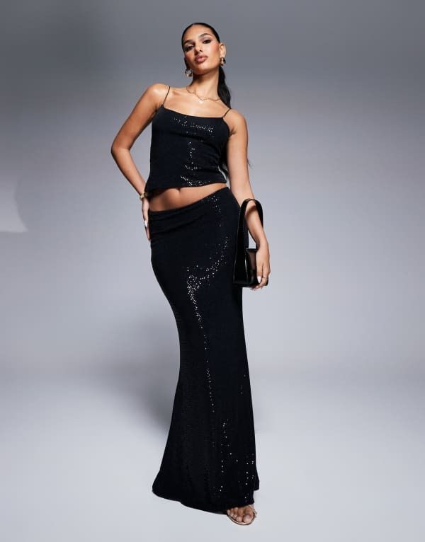 エイソス レディース ボトムス スカート マキシ ASOS DESIGN glitter foil fishtail maxi skirt part of a set Black ブラック