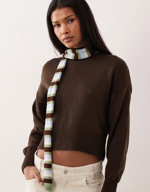 エイソス レディース アクセサリー マフラー・ストール・スカーフ ニット ASOS DESIGN brushed knit skinny scarf and brown stripes GREEN BROWN STRIPES グリーン