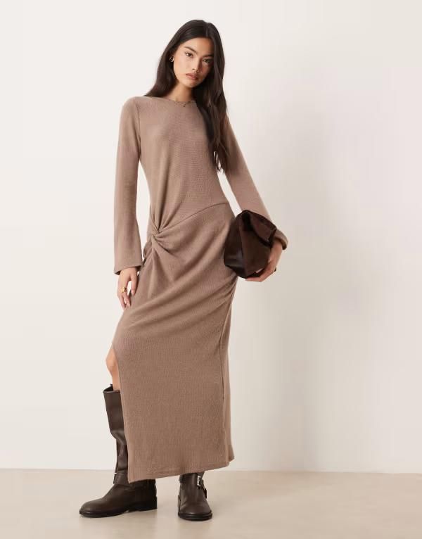 エイソス レディース トップス ワンピース ミディ ASOS DESIGN cozy rib long sleeve twist detail midin light BROWN ブラウン
