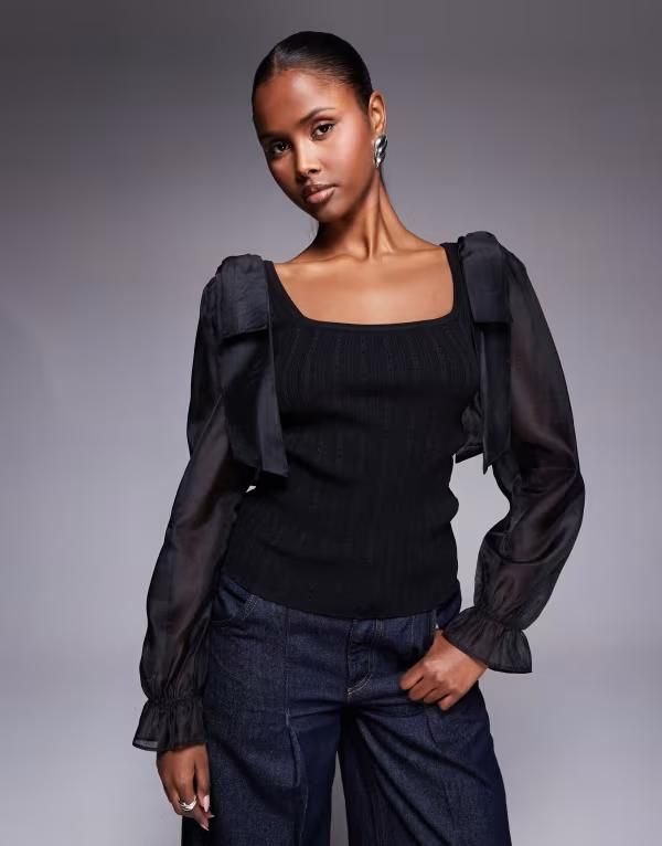 リバーアイランド レディース アウター ニット・セーター メッシュ River Island mesh sleeve knitop Black ブラック