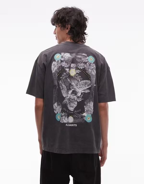 オールセインツ メンズ トップス Tシャツ グラフィック AllSaints mysteries graphic Tshirt in washed black ブラック