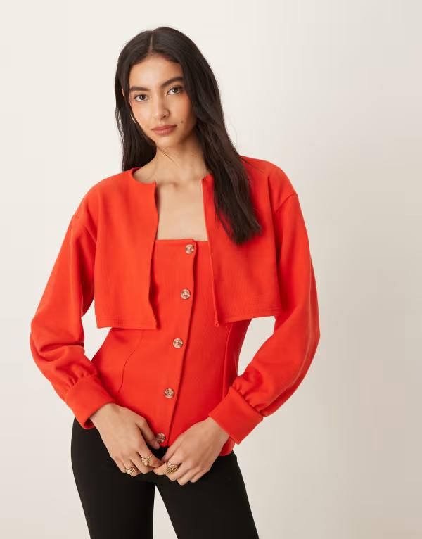 エイソス レディース トップス Tシャツ カーディガン ASOS DESIGN softouch 2in1 bandeau cardigan set RED レッド