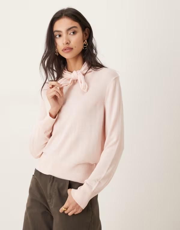 マンゴ レディース アウター ニット・セーター ウール Mango wool mix tie neck sweater PINK ピンク