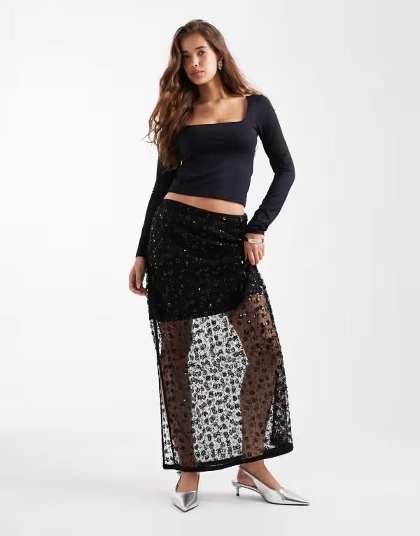 オブジェクト レディース ボトムスカート フラワー柄 ミディ スパンコール フラワー Object floral embellished sequin midi skirt Black ブラック 10,904円