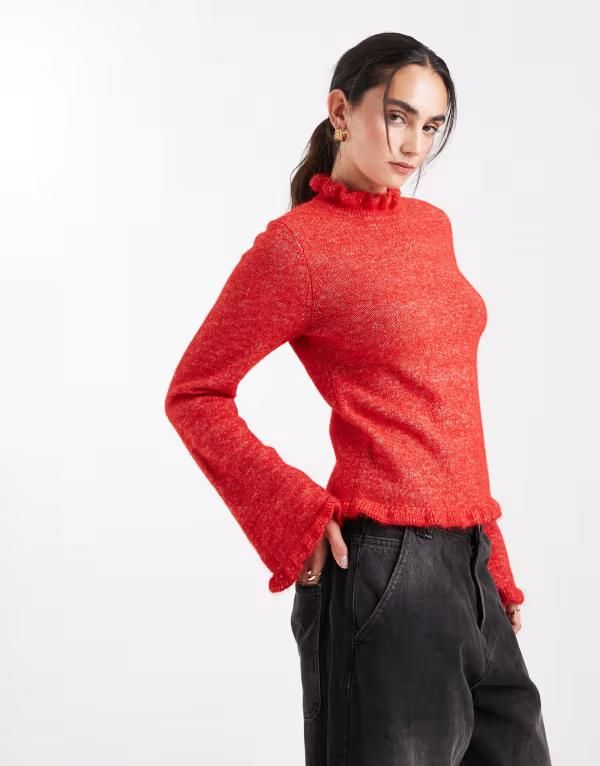 ピーシーズ レディース アウター ニット・セーター Pieces frill necknit sweater melange Goji Berry レッド
