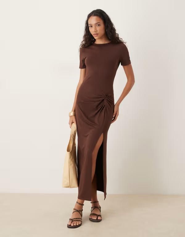 エイソス レディース トップス ワンピース ミディワンピース ミディ ASOS DESIGN knot front midi dress in chocolate and burgundy color block CHOC BURG バーガンディ