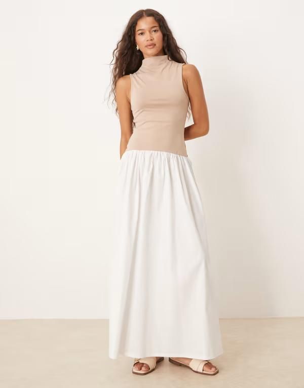 エイソス レディース トップス ワンピース ハイネック スカート ASOS DESIGN high neck dropped waist midaxi dress with poplin skirt in neutral NEUTRAL