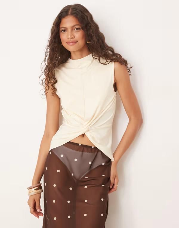 エイソス レディース トップス タンクトップ ASOS DESIGN twist frontop with grown oneck in buttermilk