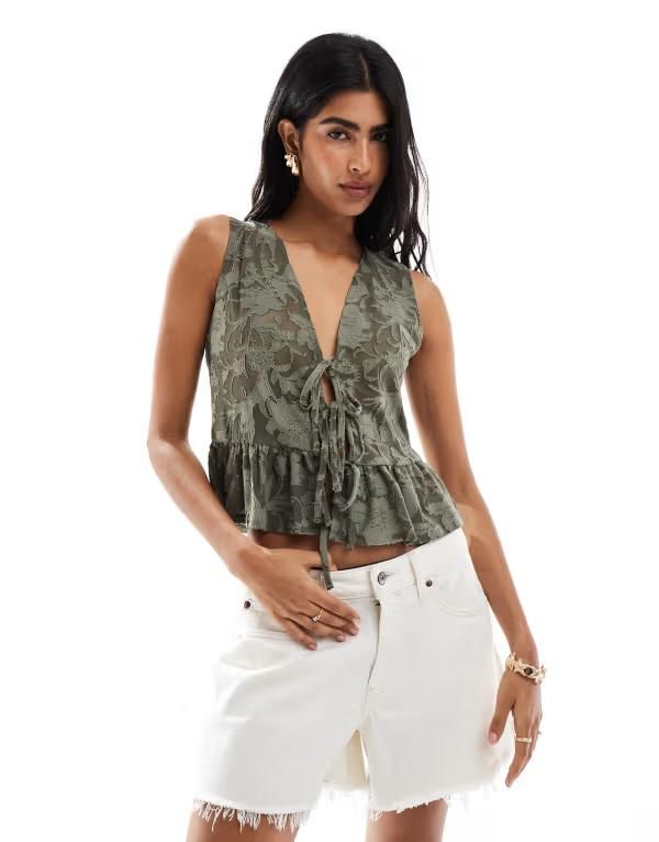 ミスセルフフリッジ レディース トップス タンクトップ ノースリーブ レース Miss Selfridge lace sleeveless tie front top Khaki カーキ