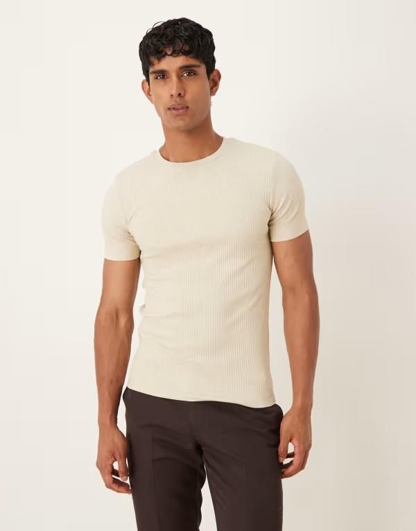エイソス メンズ トップス Tシャツ リブニット ASOS DESIGN super heavyweight muscle fitshirt rib knit Pelican ベージュ