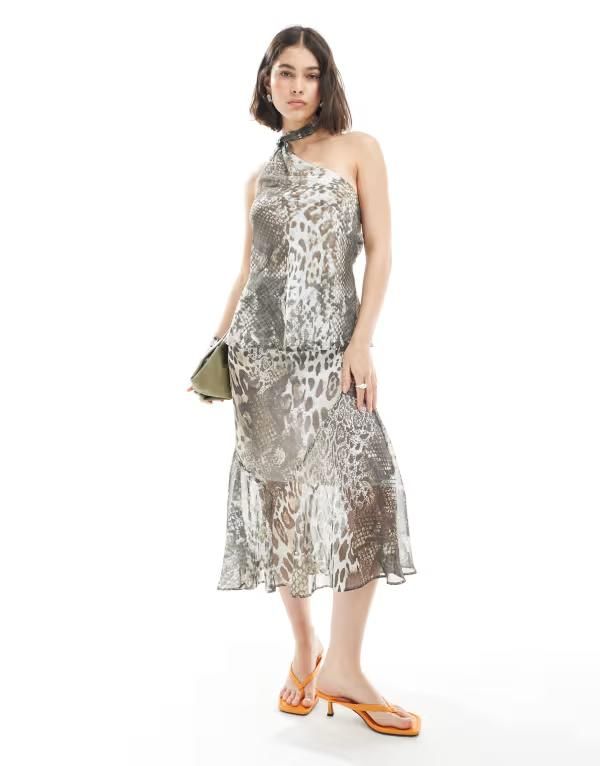 エイソス レディース ボトムス スカート シフォン アニマル柄 アシンメトリー プリント ミディ ASOS DESIGN chiffon asymmetric hem midi skirt in animal print Animal Print アニマル